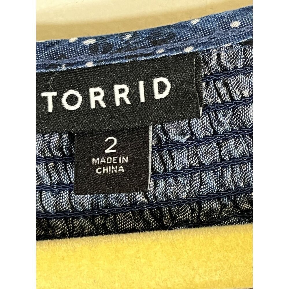 Torrid Dress Milkmaid 2X Blue Floral Mini Chambray Puff Sleeve Smocked Feminine - Picture 4 of 16